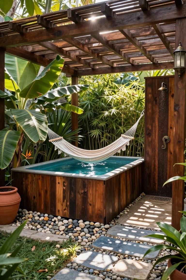 18 Stylish Above Ground Pool Landscaping Designs That Impress Instantly Turquoise above-ground pool with wood panel surround under wooden pergola, white hammock nearby, outdoor shower enclosure, tropical plants, pebble ground cover, and stone path in garden setting.