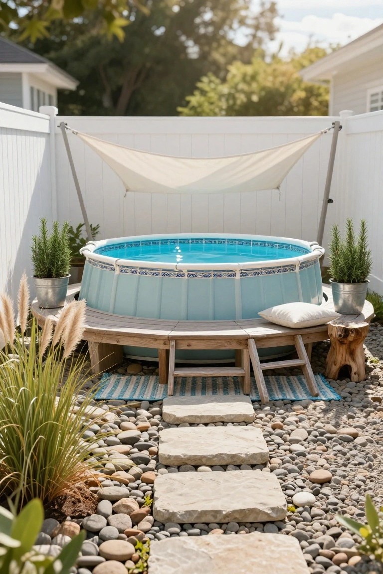 18 Stylish Above Ground Pool Landscaping Designs That Impress Instantly Above-ground pool with light blue walls and decorative white trim filled with water, encircled by a curved wooden bench with steps and a pillow, under a beige shade sail against a white fence, surrounded by potted rosemary plants, pampas grass, and a stone path in a gravel yard.