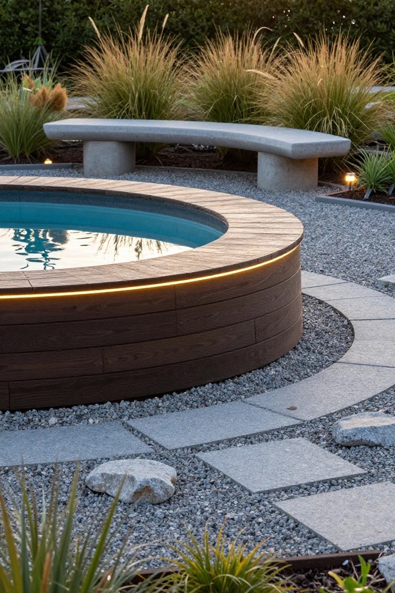 18 Stylish Above Ground Pool Landscaping Designs That Impress Instantly Round above-ground pool with horizontal wood plank surround and yellow LED strip lighting along the edge, next to a curved concrete bench in a gravel yard with paver paths, grasses, and agave plants.