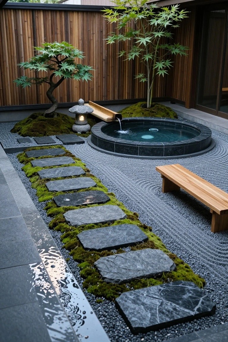18 Stylish Above Ground Pool Landscaping Designs That Impress Instantly Circular black stone above-ground pool in a Zen garden with raked gray gravel, moss-covered stepping stones path, bonsai trees, stone lantern, wooden bench, and bamboo fencing.