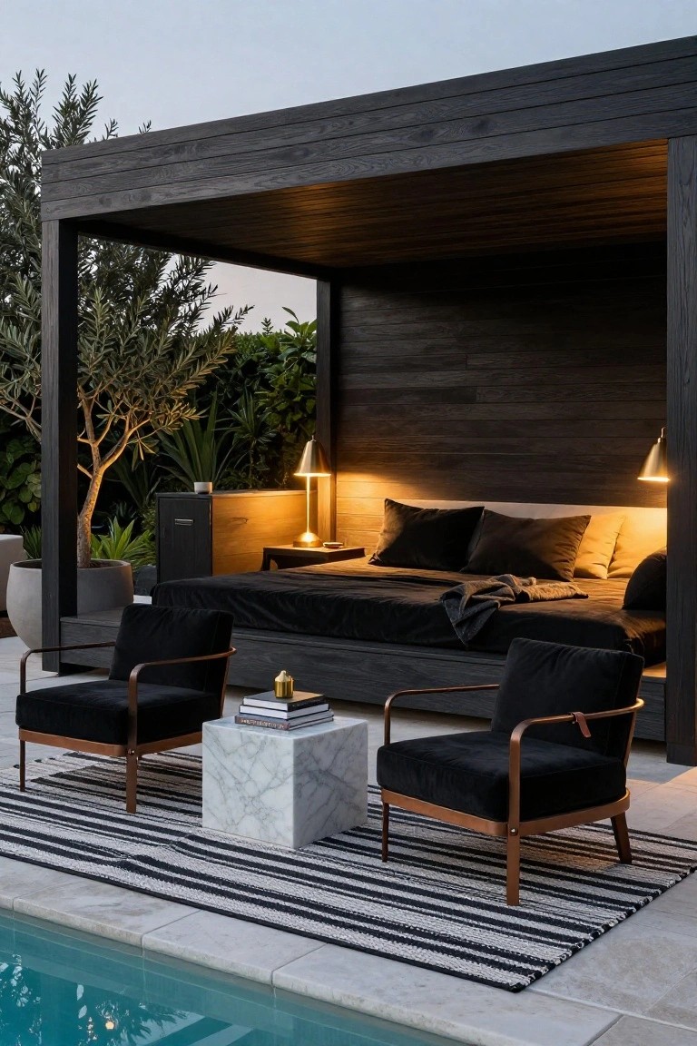 18 Stylish Pool Cabana Furniture Ideas That Complete the Look Black wooden open-air cabana by a pool containing a black bed with pillows and throw, two black velvet armchairs around a white marble cube table, two gold lamps on wooden surfaces, potted plants, and surrounding greenery.