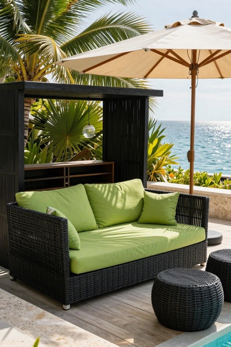 18 Stylish Pool Cabana Furniture Ideas That Complete the Look Black open-sided cabana with wooden shelves containing a black wicker loveseat and pillows in bright lime green, two matching ottomans, a white umbrella nearby, tropical plants, pool deck, and ocean view.
