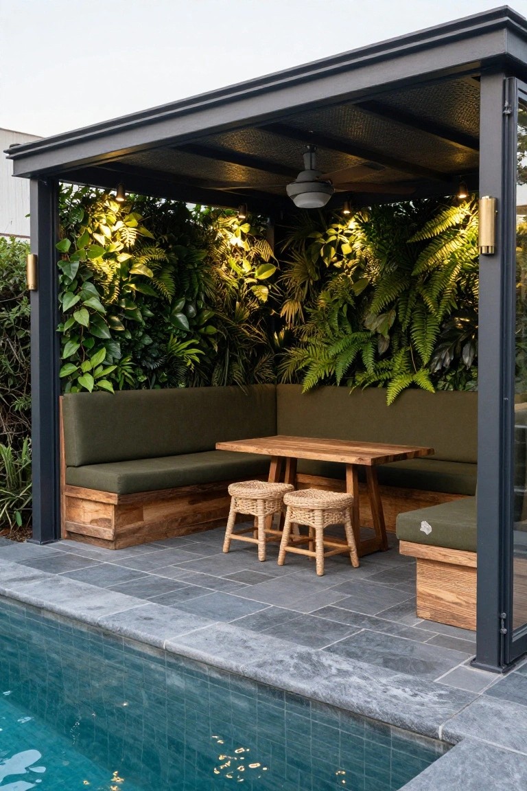 18 Stylish Pool Cabana Furniture Ideas That Complete the Look Black metal-framed pool cabana with lush green vertical plant walls, built-in green cushioned benches, wooden table, two rattan stools, ceiling fan, on gray tiled patio next to turquoise pool.