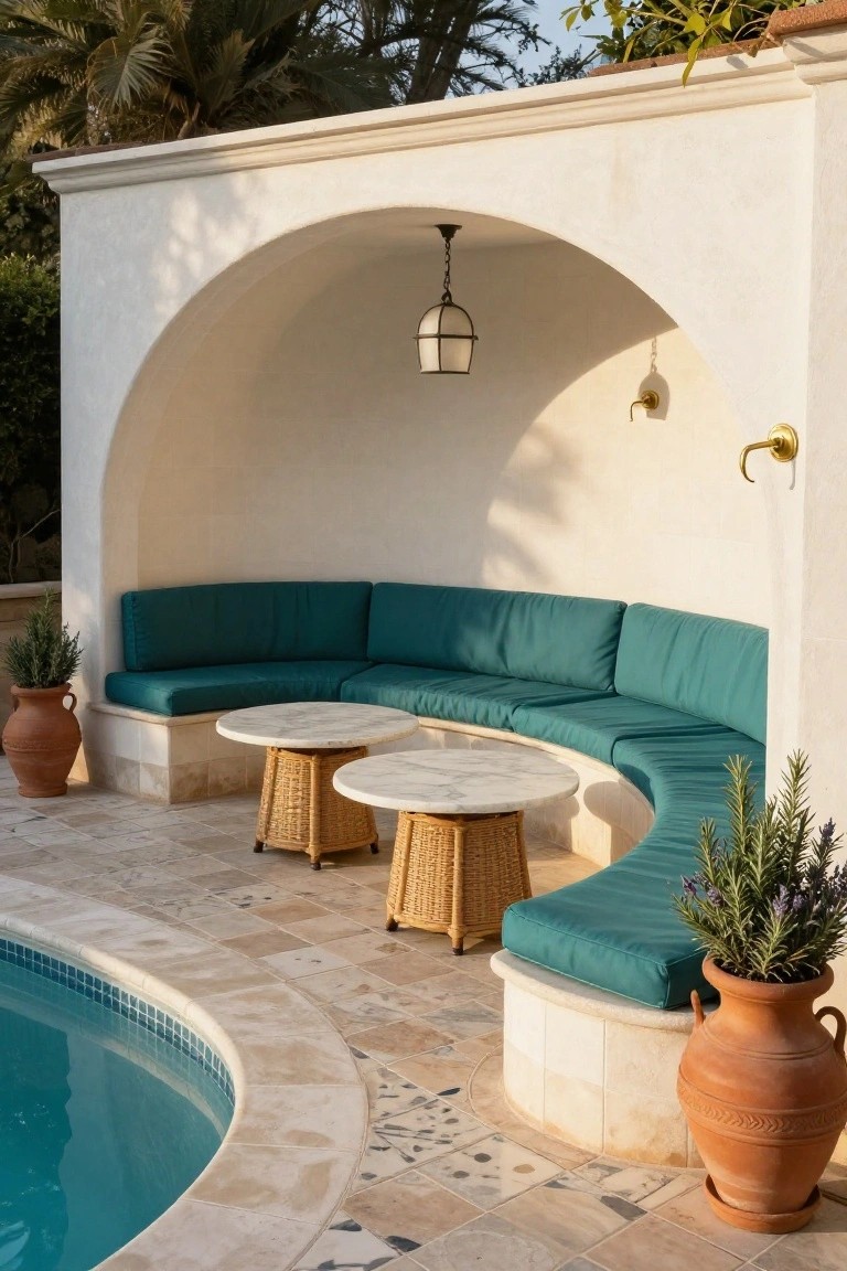 18 Stylish Pool Cabana Furniture Ideas That Complete the Look White stucco arched cabana alcove featuring curved teal cushioned bench seating, two round marble-topped rattan tables, potted rosemary and lavender plants, adjacent to a turquoise pool on beige tiled patio.