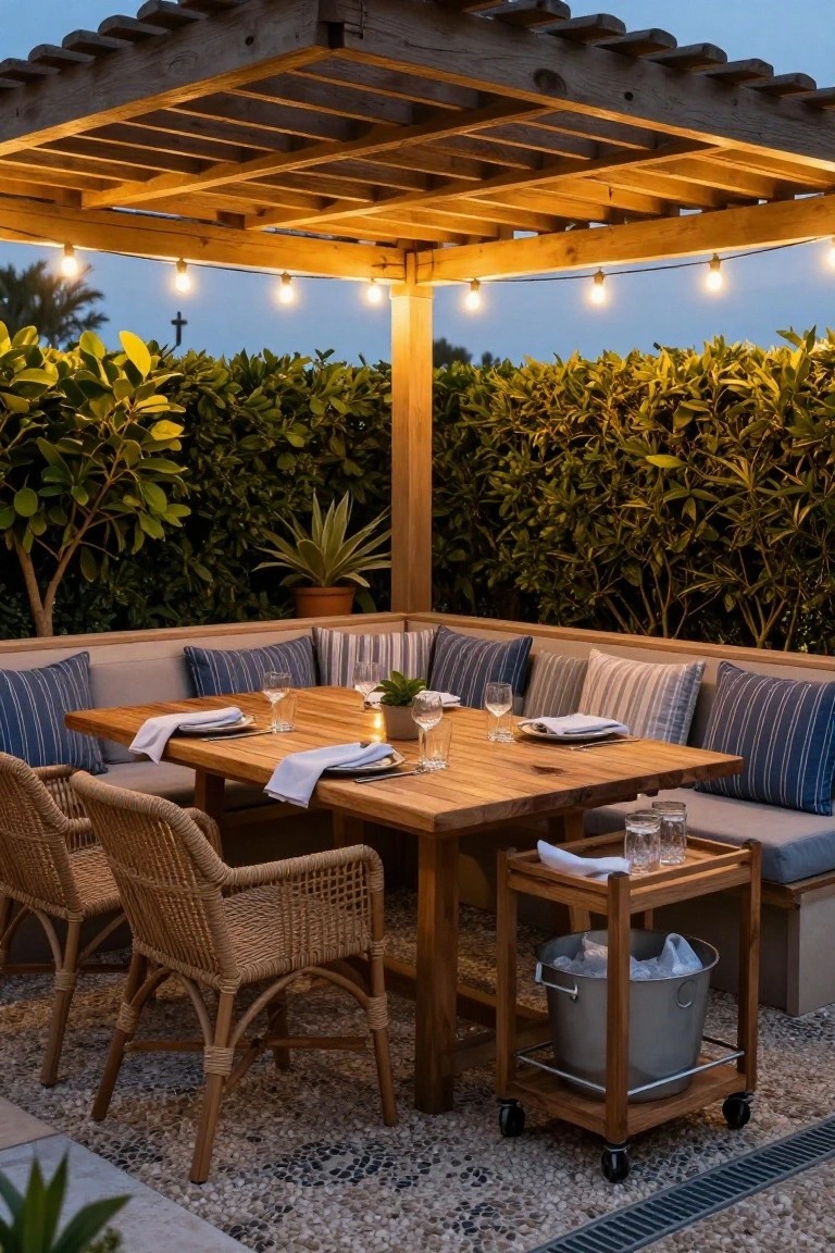 18 Stylish Pool Cabana Furniture Ideas That Complete the Look Wooden pergola cabana with string lights, L-shaped beige and blue cushioned bench seating around a rectangular wooden dining table set with white napkins, glassware, and plates, two rattan armchairs, wooden serving cart holding ice bucket, on pebble ground amid greenery.