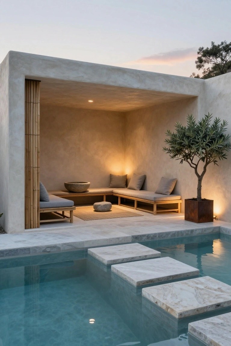 18 Stylish Pool Cabana Furniture Ideas That Complete the Look Open-air cabana pavilion with built-in low wooden benches and gray cushions, stone bowl centerpiece, olive tree in pot, lit by recessed lights, and wide stone steps leading into turquoise pool water.