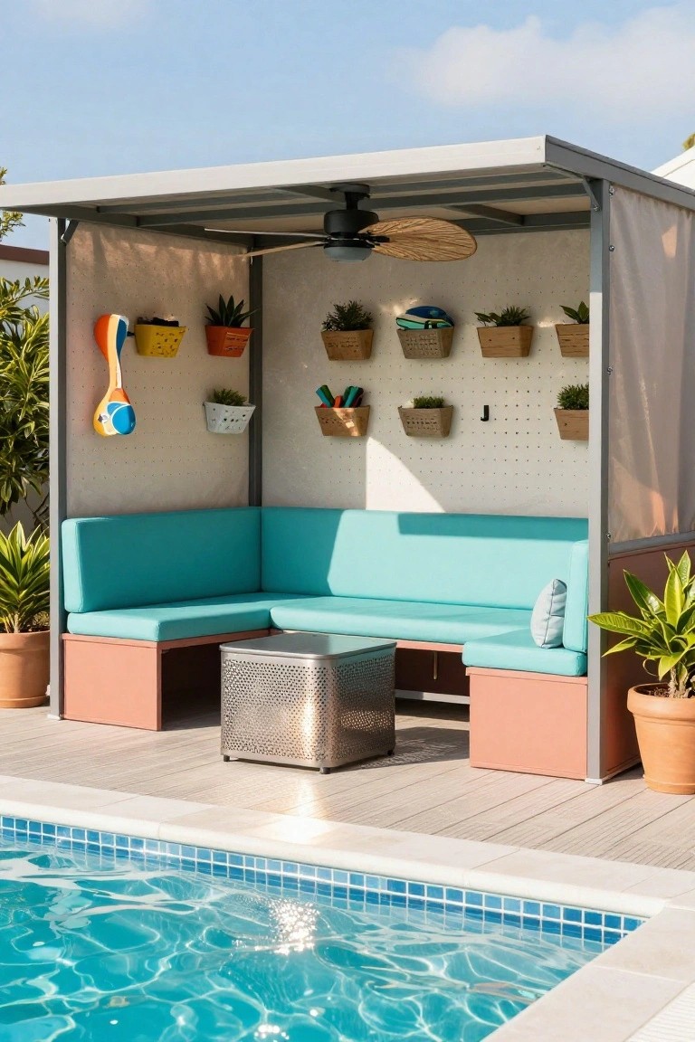 18 Stylish Pool Cabana Furniture Ideas That Complete the Look Shaded pool cabana featuring turquoise L-shaped bench seating around a perforated metal table, with potted plants, hanging planters, and colorful pool toys on pegboard walls beside a swimming pool.