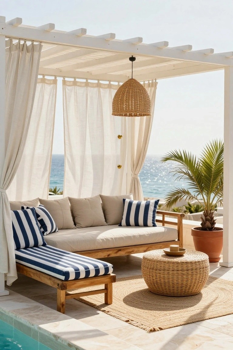 18 Stylish Pool Cabana Furniture Ideas That Complete the Look Wooden L-shaped daybed with navy and white striped cushions and beige pillows under a white pergola with sheer curtains and a woven hanging lantern, next to a pool with ocean view in background.