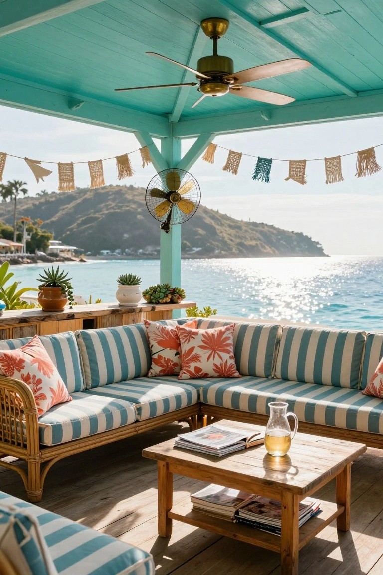 18 Stylish Pool Cabana Furniture Ideas That Complete the Look Outdoor cabana under turquoise roof with rattan L-shaped sofa in blue-and-white stripes and orange floral cushions, wooden coffee table holding books and a pitcher, potted plants on railing, and ocean view.