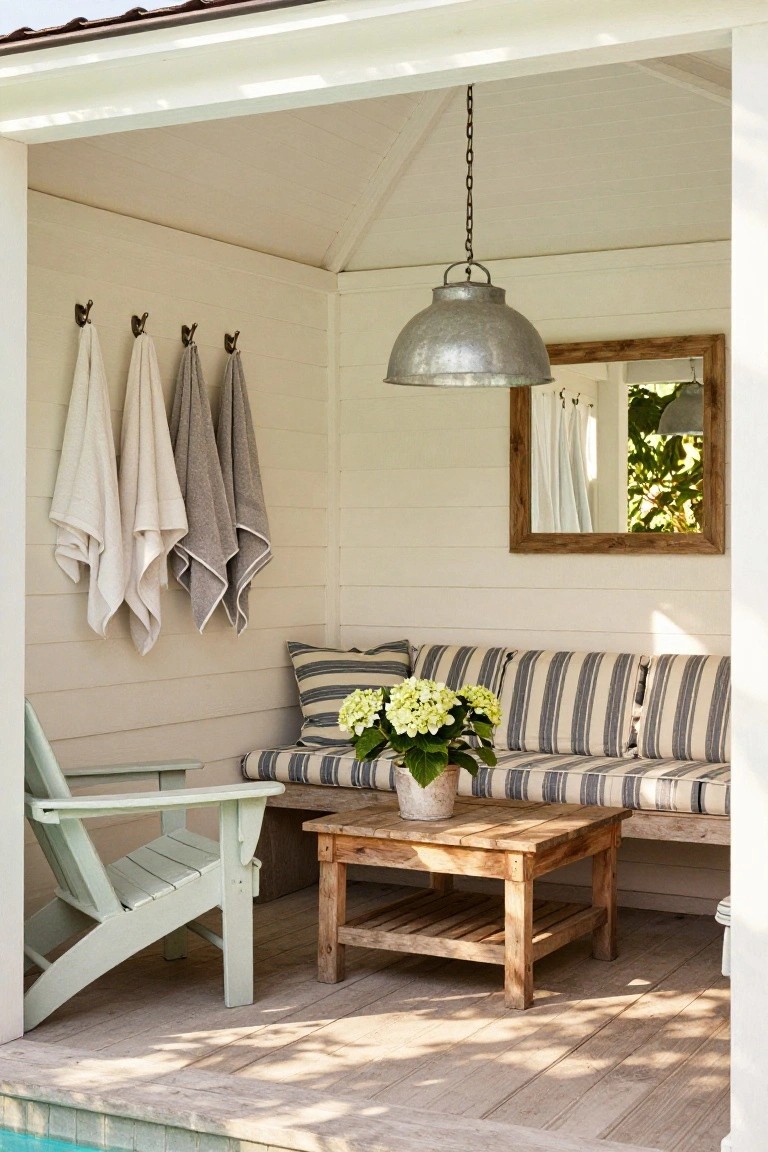 18 Stylish Pool Cabana Furniture Ideas That Complete the Look White shiplap-walled pool cabana interior with hanging white and gray towels on hooks, blue-and-white striped cushioned bench, low wooden coffee table holding potted white hydrangeas, mint green Adirondack chair, galvanized metal pendant light, wood-framed mirror, and pool deck outside.
