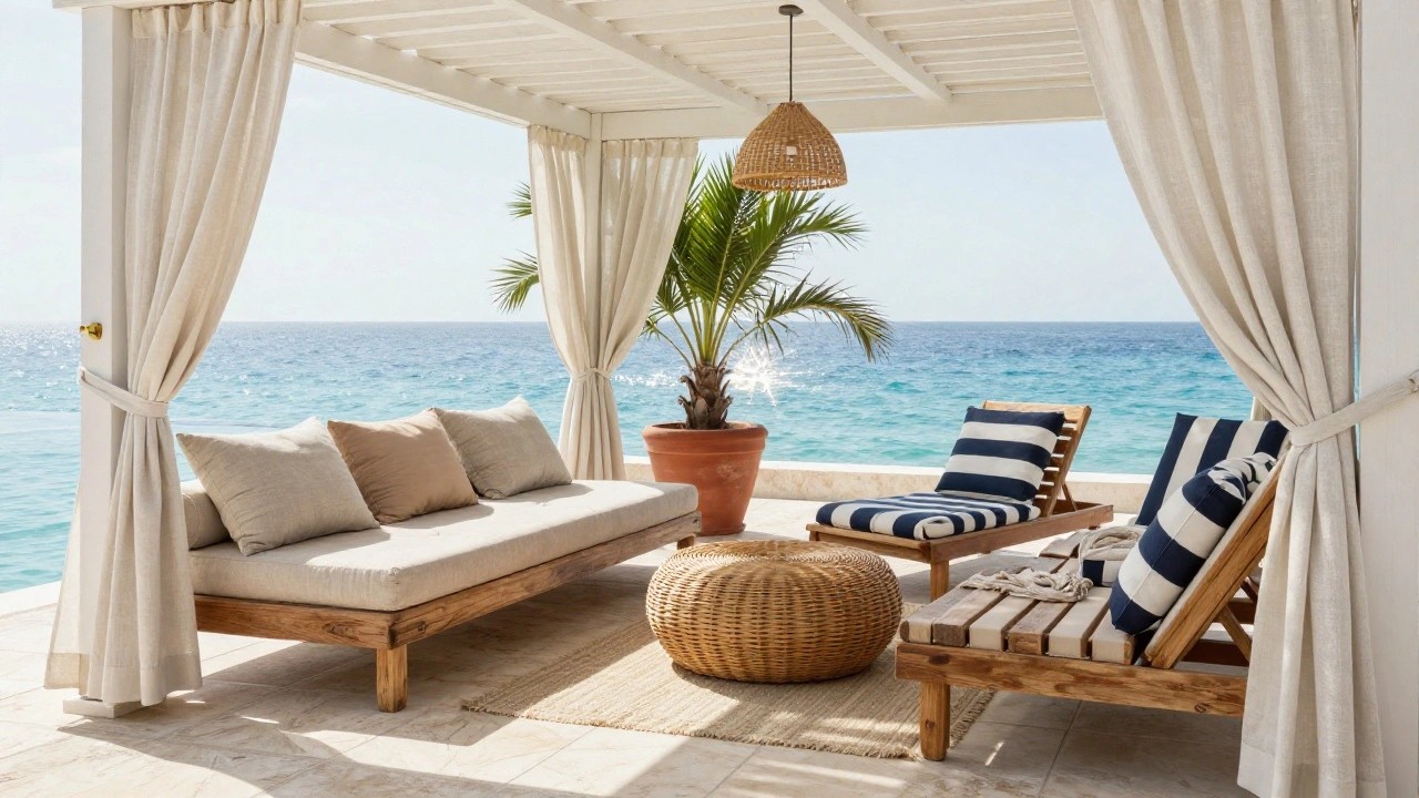 Wooden L-shaped daybed with navy and white striped cushions and beige pillows under a white pergola with sheer curtains and a woven hanging lantern, next to a pool with ocean view in background.