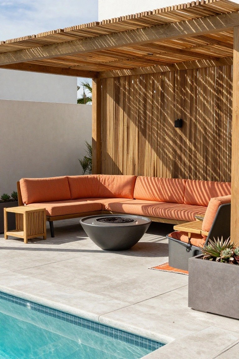 18 Stylish Pool Cabana Furniture Ideas That Complete the Look Poolside outdoor cabana with wooden slat pergola and walls, orange L-shaped sofa curving around a black circular fire pit bowl on concrete deck, flanked by wooden side table and potted plants, with turquoise pool edge in foreground.