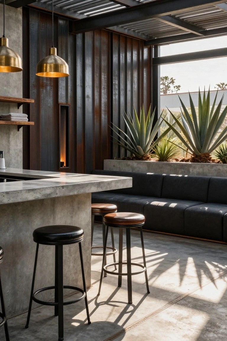 18 Stylish Pool Cabana Furniture Ideas That Complete the Look Outdoor pool cabana with concrete L-shaped bar counter, three leather-upholstered bar stools, black leather sofa, potted agave plants in concrete planters, gold pendant lights, and dark wood paneling under a metal roof structure.