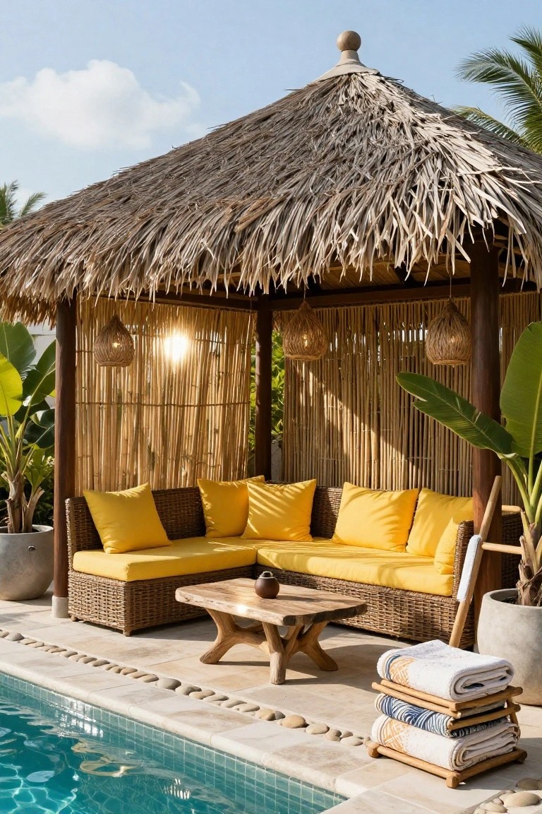18 Stylish Pool Cabana Furniture Ideas That Complete the Look Thatched-roof pool cabana with yellow cushions on L-shaped wicker sofa, wooden coffee table, bamboo screens, potted plants, towel stack, and infinity-edge pool nearby.