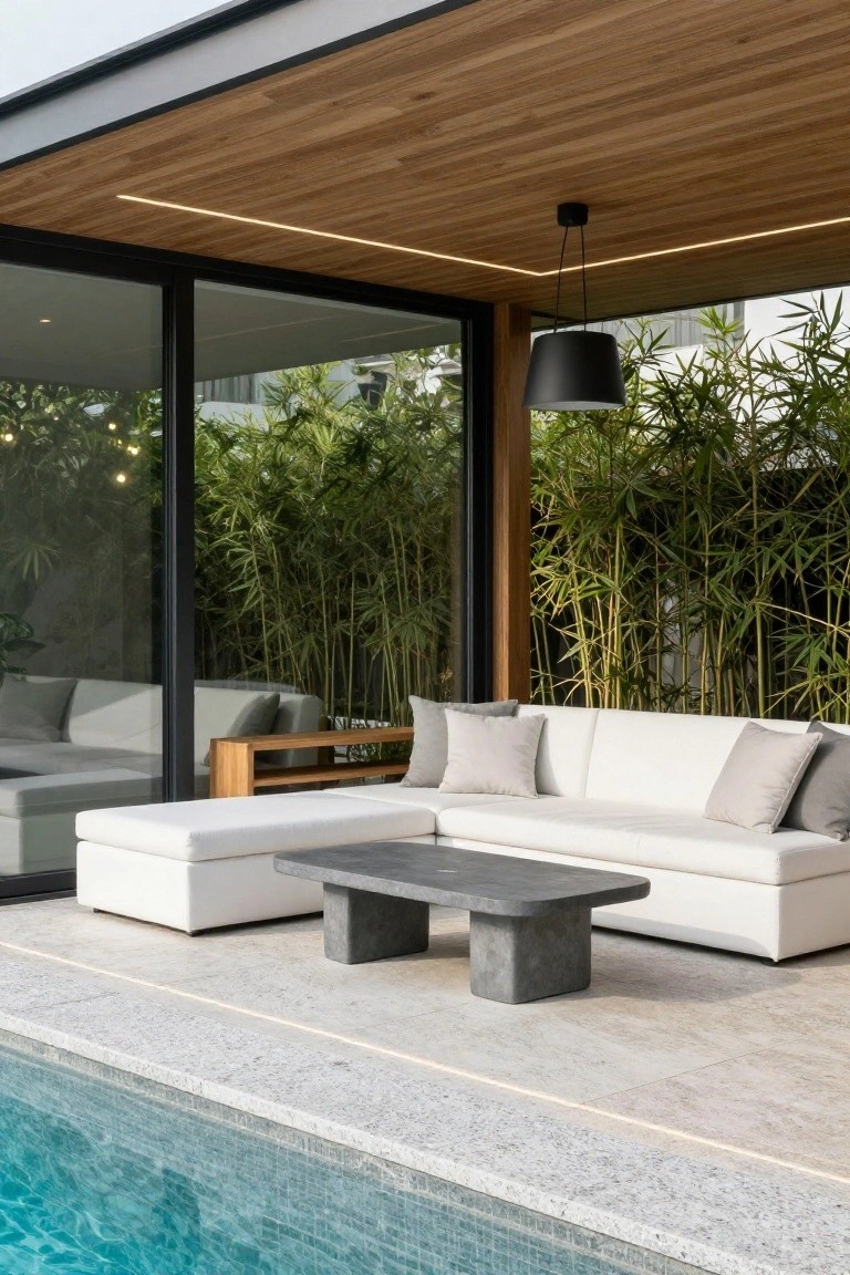 18 Stylish Pool Cabana Furniture Ideas That Complete the Look Pool cabana with white L-shaped sofa, rectangular gray concrete coffee table, white ottoman, wooden bench with shelves, black pendant light from wooden ceiling, glass walls, bamboo screening, and edge of blue-tiled pool on stone deck.