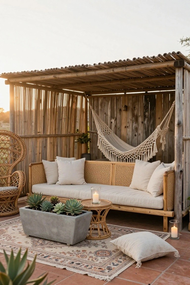 18 Stylish Pool Cabana Furniture Ideas That Complete the Look Bamboo-roofed outdoor cabana with rattan sofa piled with white cushions, wicker armchair, hanging macrame hammock, potted succulents, candles on a woven table, throw pillows, and patterned rug on terracotta tiles.