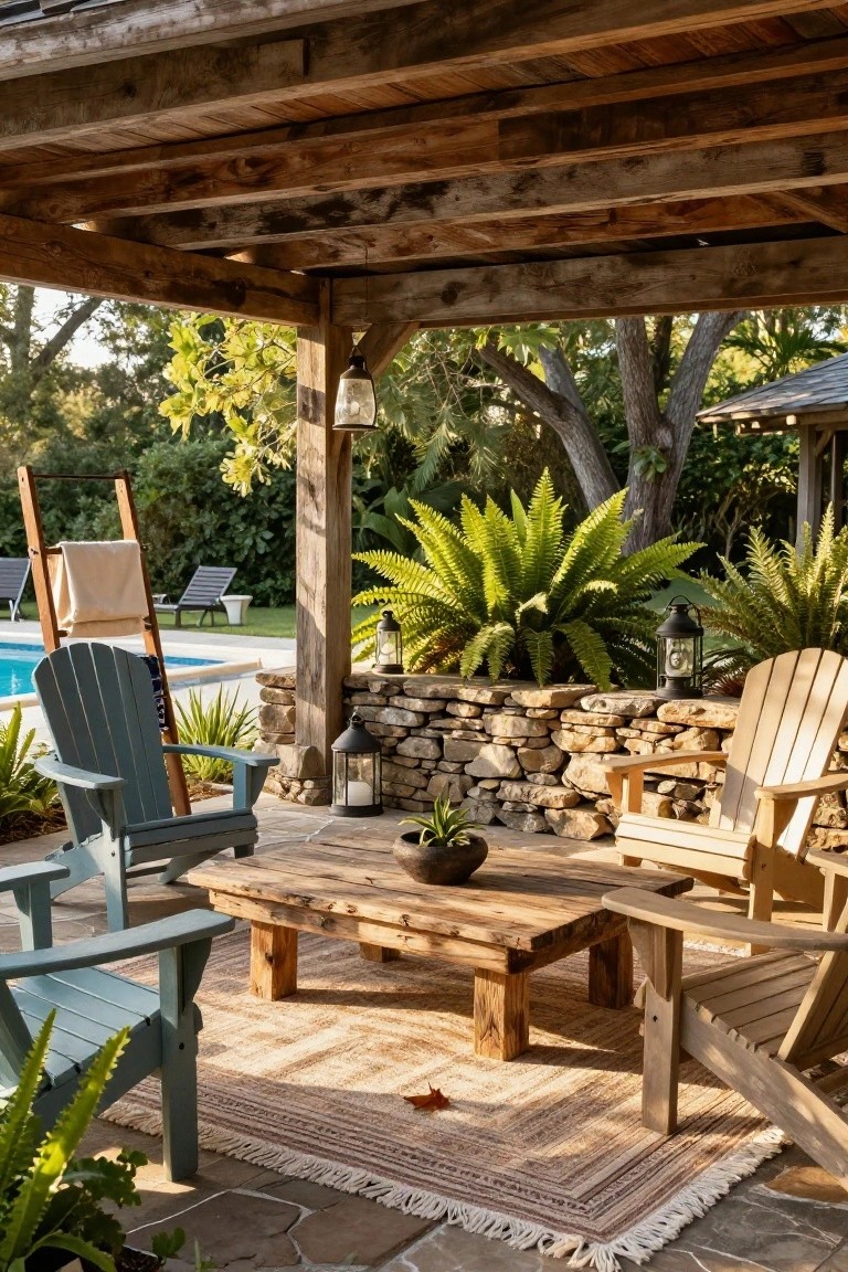 18 Stylish Pool Cabana Furniture Ideas That Complete the Look Pool cabana patio with teal and natural wood Adirondack chairs arranged around a low rectangular wooden coffee table on a striped rug, next to a stone wall, plants, lanterns, and a swimming pool in the background.
