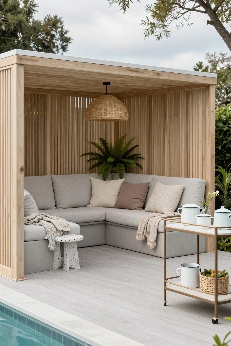 18 Stylish Pool Cabana Furniture Ideas That Complete the Look Slatted wooden cabana sheltering a light gray L-shaped sectional sofa with pillows, throws, small stool, and metal serving cart with white enamelware and basket next to an in-ground pool on a light wood deck.