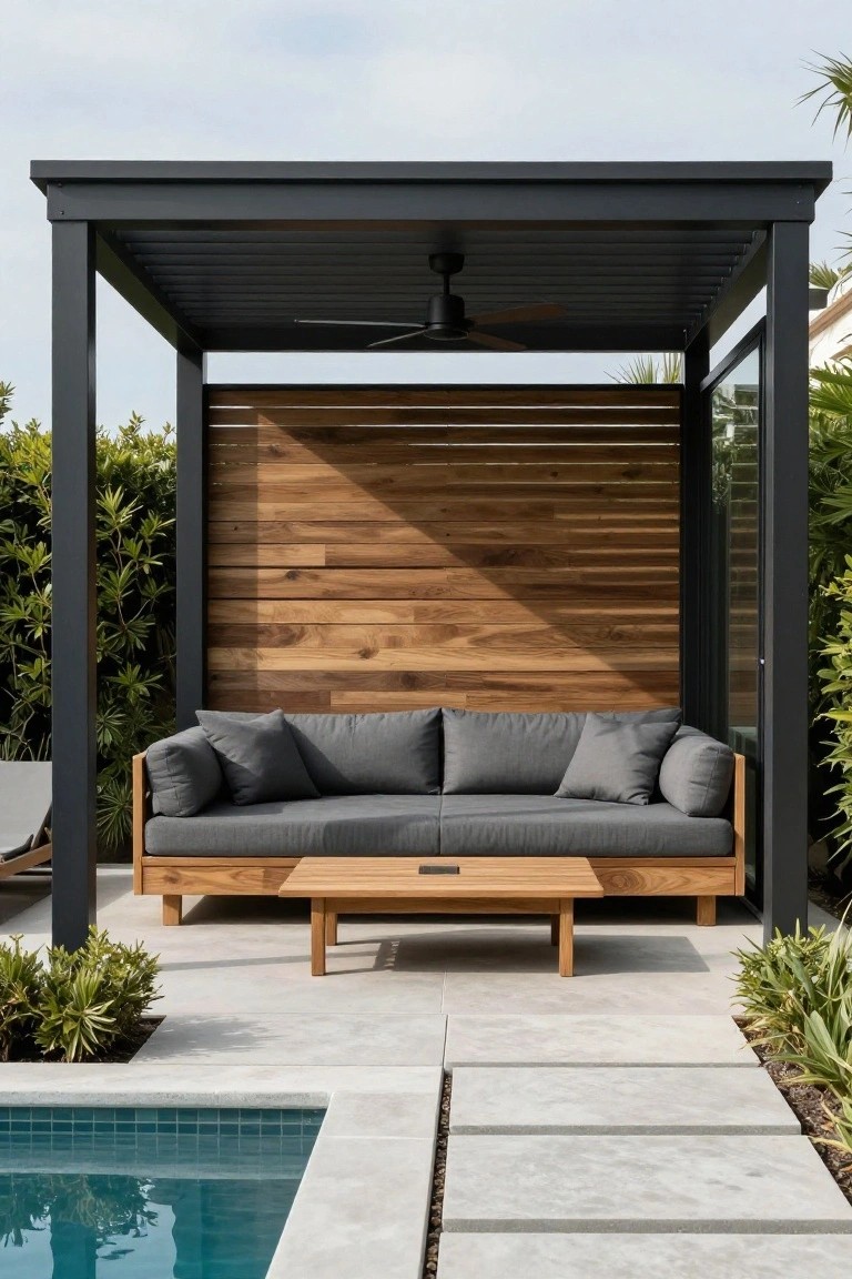 18 Stylish Pool Cabana Furniture Ideas That Complete the Look Modern outdoor patio with wooden sofa, coffee table, and poolside pergola.