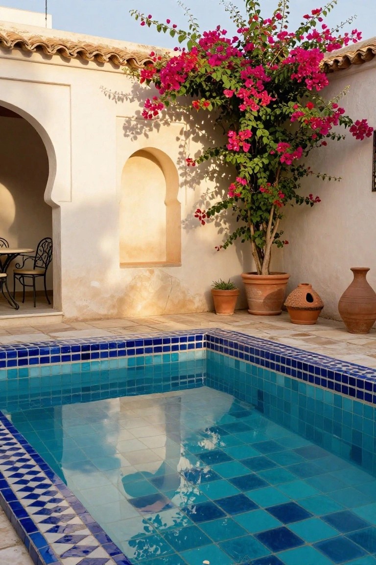 Small rectangular pool with blue mosaic tiles and diamond-patterned waterline border in a white stucco courtyard featuring arches, bougainvillea vines on walls, terracotta pots, and a table with chairs under an archway.
