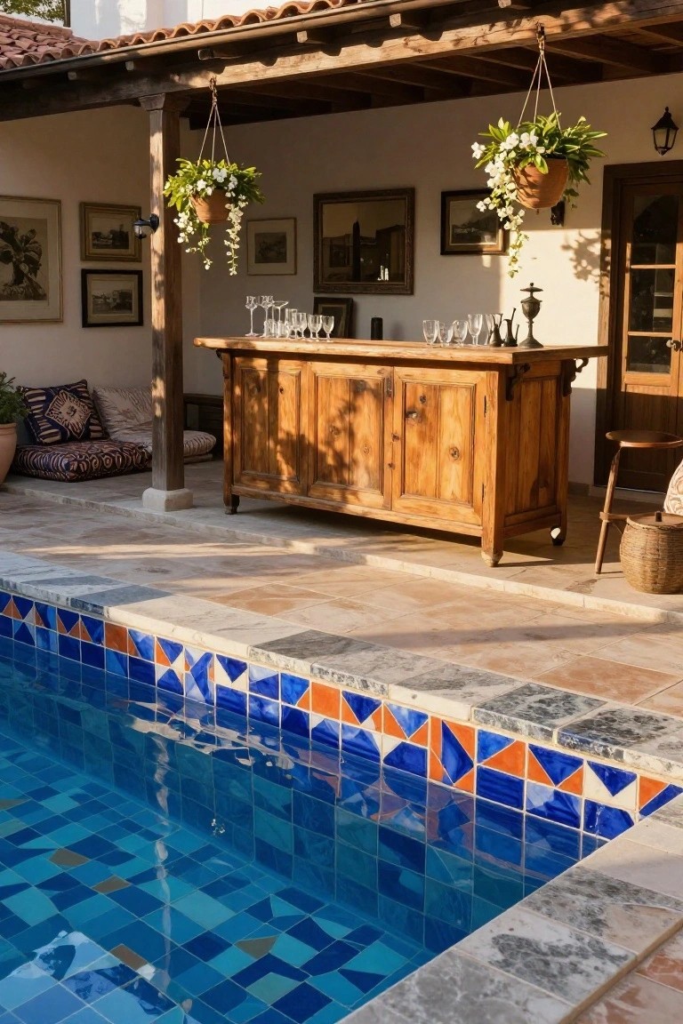 A wooden bar with glassware sits under a covered porch next to a pool edged in blue and orange geometric waterline tiles, with potted plants and seating nearby.
