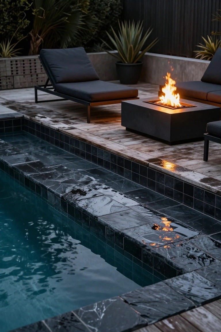 Close-up of a rectangular pool with dark slate waterline tiles, wet concrete patio pavers, two black loungers, a concrete gas fire pit table with flames, and potted plants against a black fence backdrop.