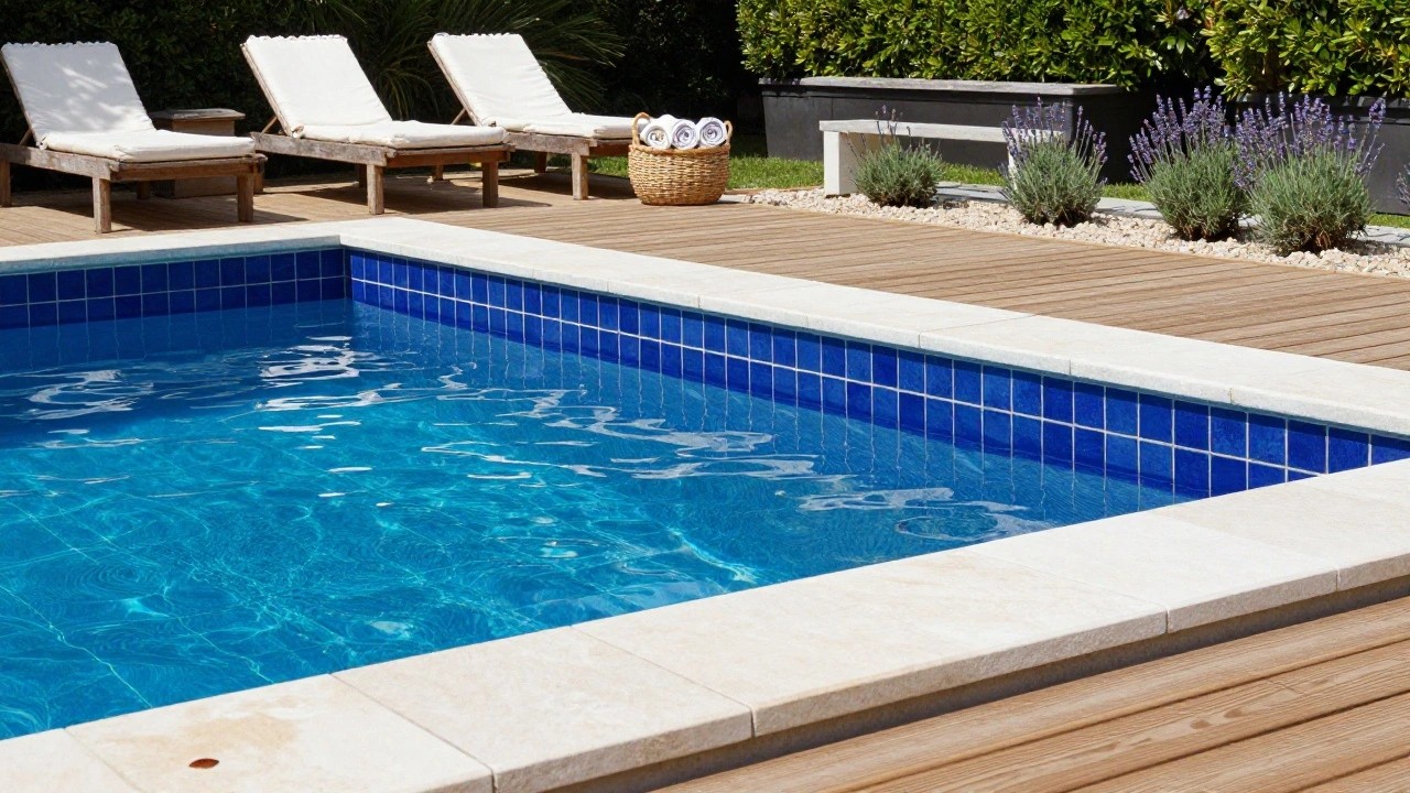 Small rectangular pool with blue mosaic tiles along the waterline and walls, white stone coping, wooden decking, two lounge chairs with white towels, wicker basket, potted plants, and green hedges in the background.