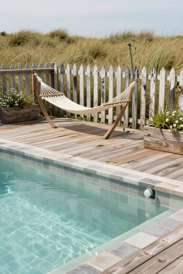 Wooden deck adjacent to a rectangular pool with light blue-green water and gray mosaic waterline tiles, a white hammock on wooden stand nearby, white picket fence, and beach dunes in the background.