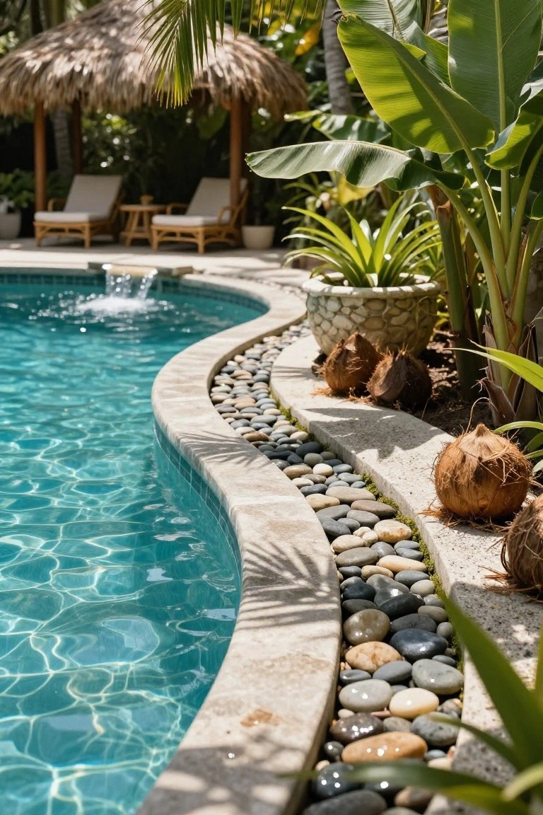 Curved swimming pool with turquoise waterline tiles, light travertine coping edged with smooth pebbles, tropical plants, coconuts, and lounge chairs under a thatched roof structure.