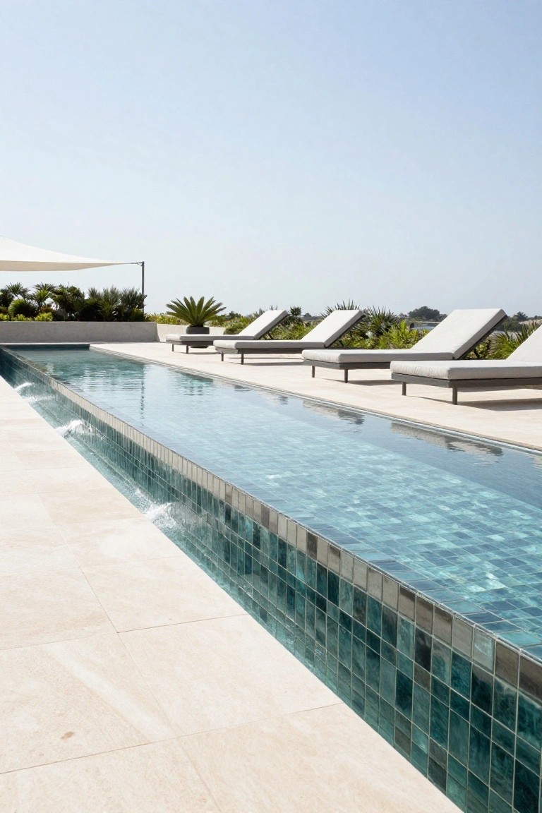 Rooftop infinity-edge pool with teal mosaic waterline tiles, beige stone decking, lounge chairs, potted plants, and a white shade sail against a clear sky.