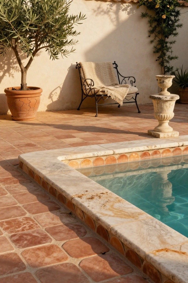 Pool edge with white stone coping inset with rounded orange terracotta tiles, terracotta patio tiles, potted olive tree, wrought iron chair draped with a blanket, stone urn planter, and climbing plants on beige stucco wall.