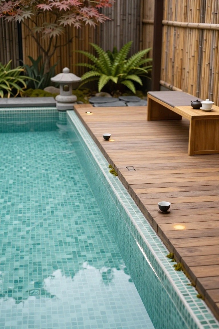 Pool with turquoise mosaic waterline tiles next to a wooden deck featuring a bench, low table with teapot and cups, stone lantern, ferns, mossy rocks, and bamboo fence with Japanese maple tree.