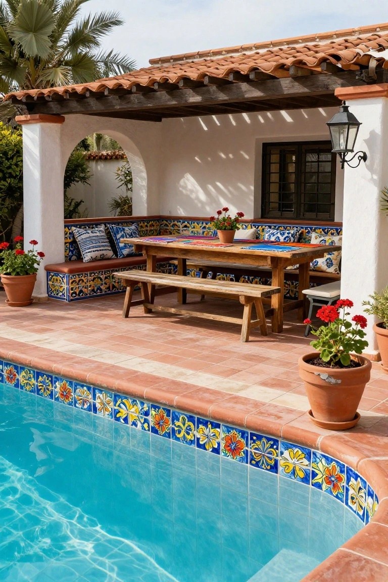 Poolside patio with wooden table and benches on colorful tiled seating under a covered ramada, adjacent to a swimming pool edged with vibrant floral-patterned waterline tiles, potted plants, and palm trees.