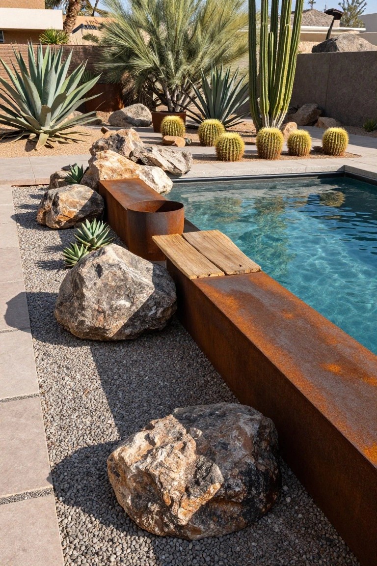 Pool edged with corten steel and wood accents, bordered by gravel, large boulders, agave plants, and barrel cacti in a desert landscape.