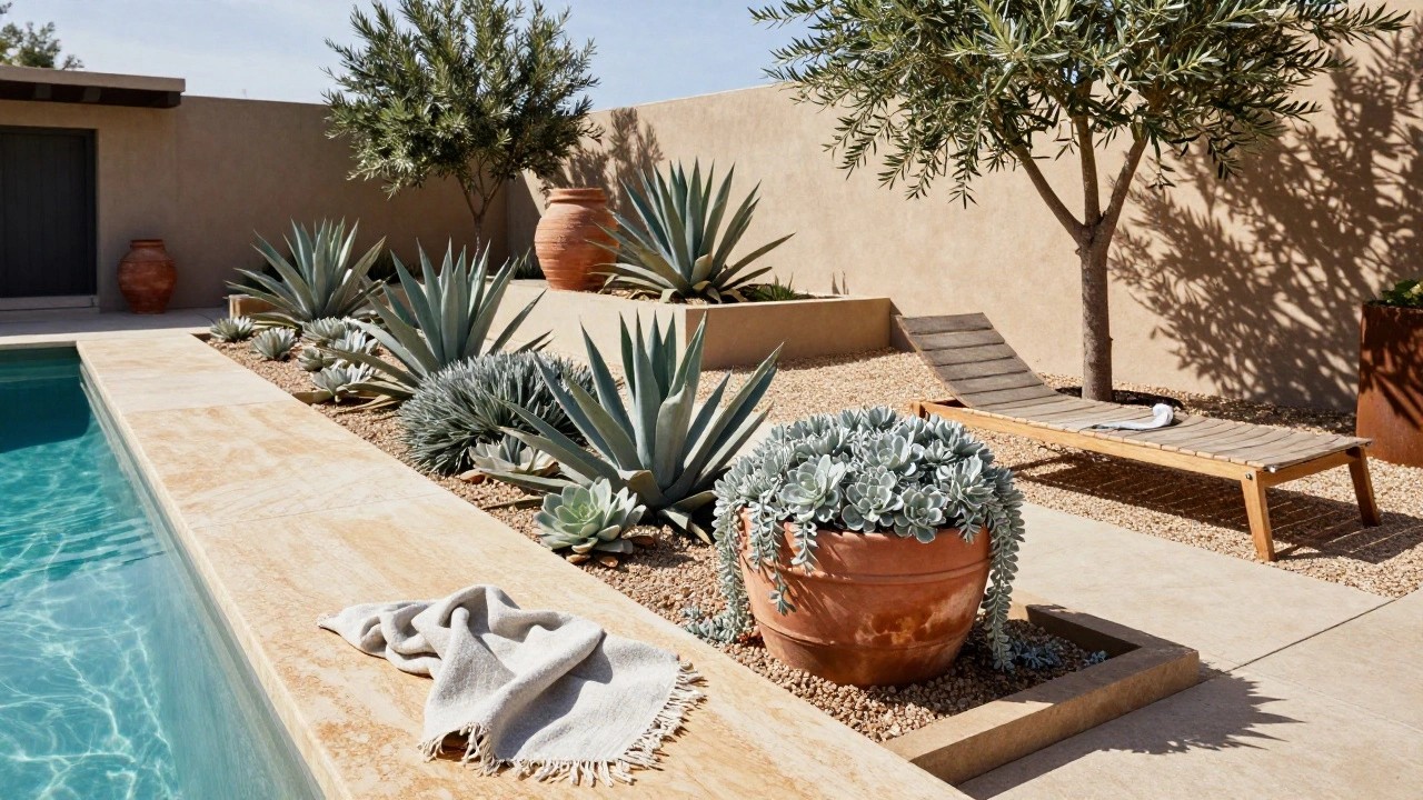 Pool with beige stone coping and pebble borders, flanked by raised beds of blue agave and other succulents against a stucco wall, wooden lounger with towel nearby, terracotta pots, and olive tree in background.