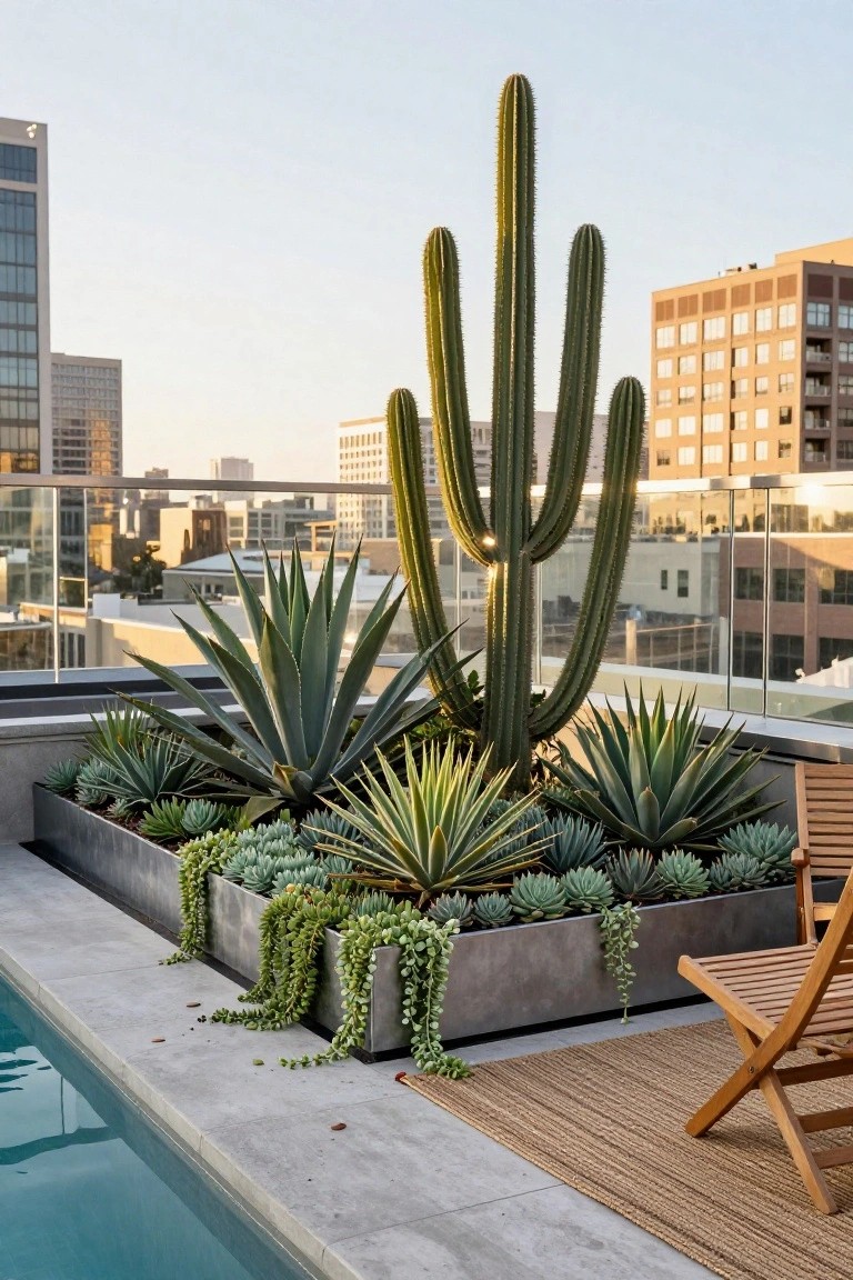 Long rectangular concrete planter beside a rooftop infinity pool, filled with various succulents including a tall central multi-armed cactus, agave plants, and trailing greenery, with a wooden chair on a rug nearby and city buildings in the background.
