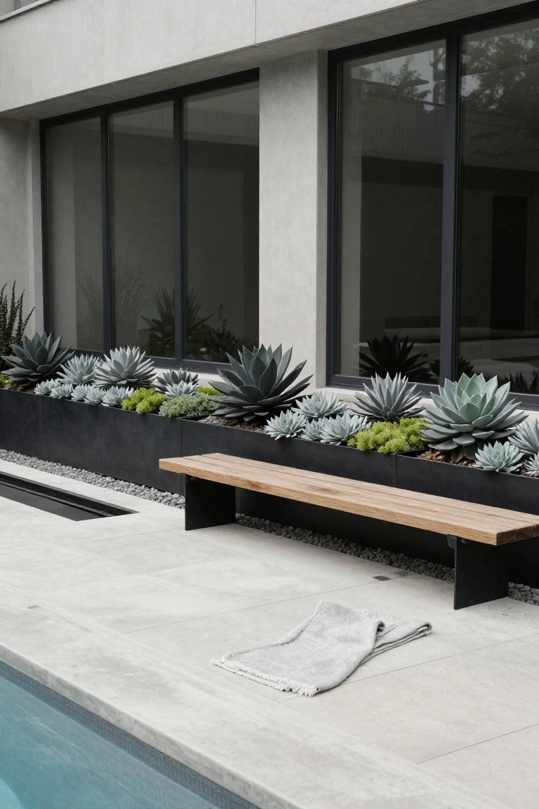 Poolside view showing elongated black metal planters overflowing with blue-toned agave succulents and green sedums against a concrete wall and large dark-framed windows, with a wooden bench, pebble mulch, gray towel on concrete deck, and turquoise pool edge.