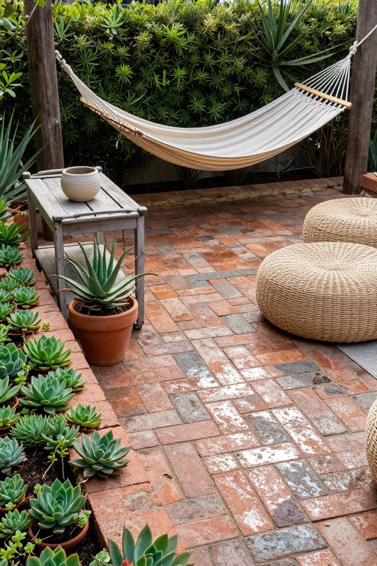 Brick-paver outdoor patio edged with potted succulents, featuring a white hammock hung from wooden posts, a wooden side table with a ceramic pot, an aloe vera plant in a terracotta pot, two rattan poufs, and a green hedge backdrop.