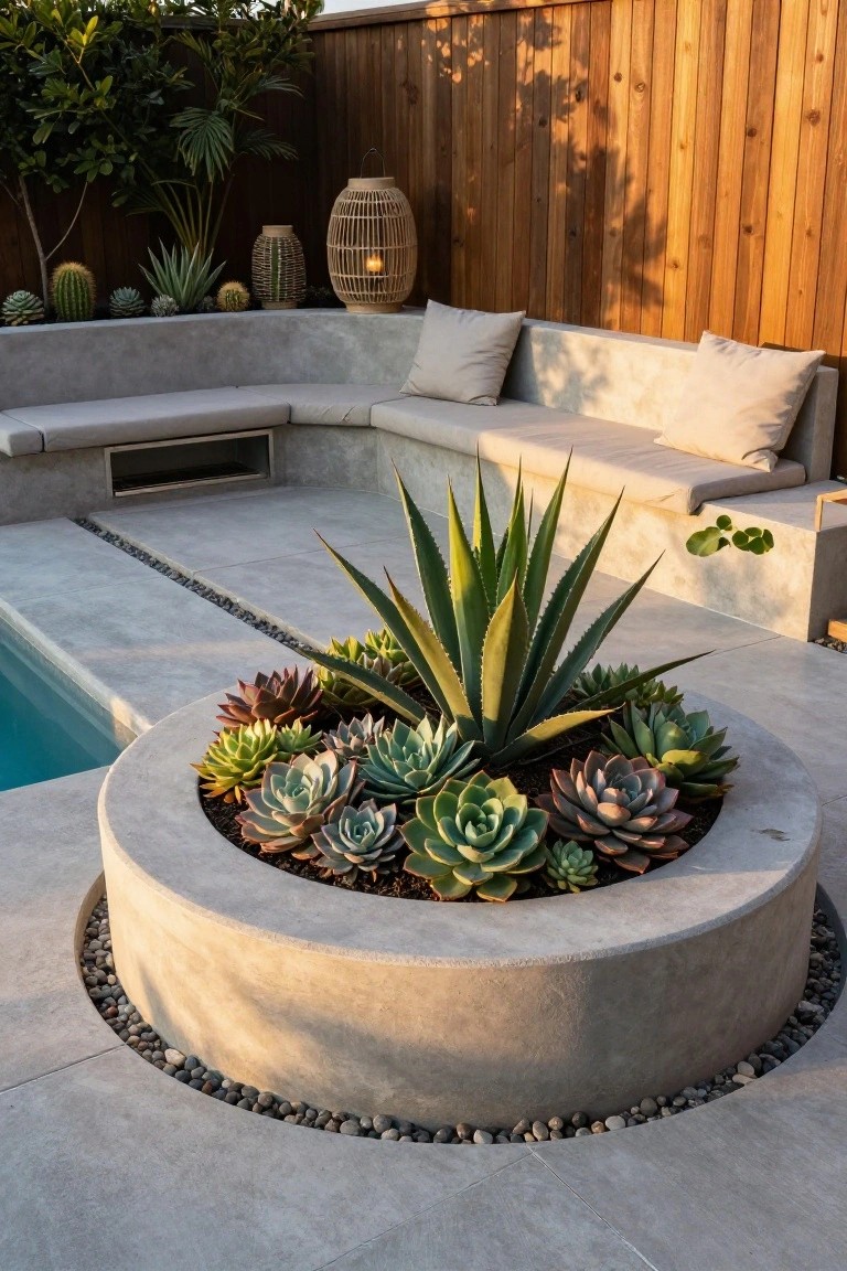 Round concrete planter filled with various succulents including agave and echeverias next to an infinity pool edge, concrete bench seating nearby, wooden fence and plants in background.