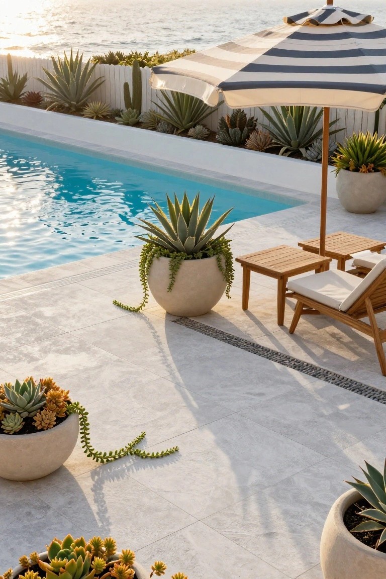 Pool deck with turquoise water, teak loungers and side tables under a striped umbrella, large pots of agaves and succulents scattered around, white fence lined with plants, and ocean in the background.