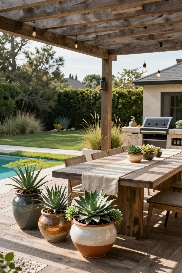 Wooden dining table with chairs on a deck under a pergola near a pool, surrounded by large potted succulents like agaves in colorful terracotta pots, with a barbecue kitchen and garden landscaping in the background.