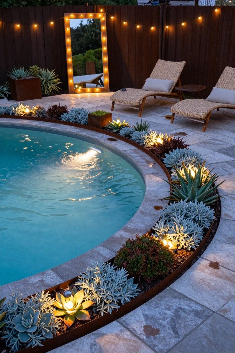 Curved swimming pool surrounded by rusted metal planters filled with succulents such as agave and aloe, with uplights illuminating the plants, stone pavers, lounge chairs, and a lighted mirror in the background.
