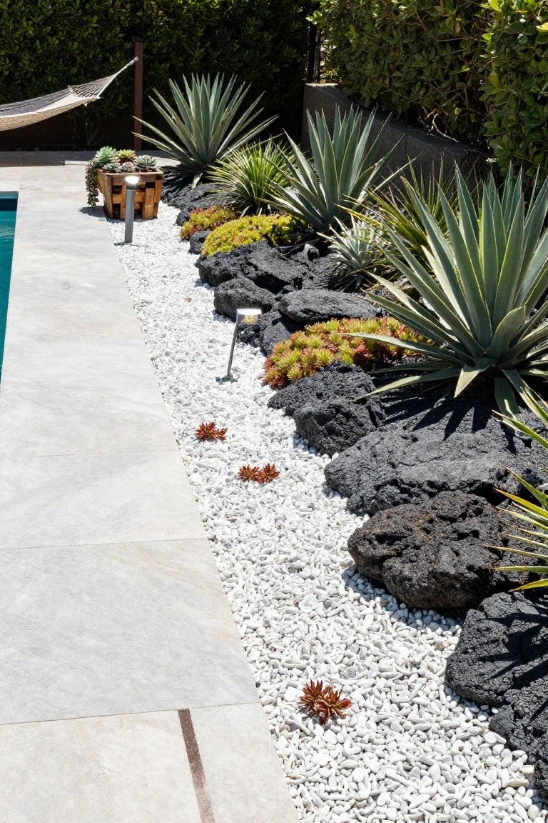 Poolside landscaping bed with agave plants, sedum clusters, black lava rocks, white gravel path, and potted succulents along a light gray tiled deck next to a turquoise pool.