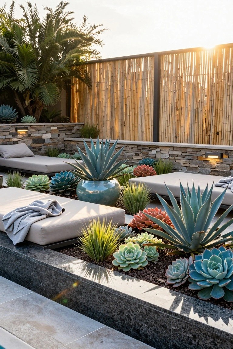 Poolside raised stone beds overflowing with blue agave plants, colorful echeverias, and grasses, next to low daybeds and backed by bamboo fencing.