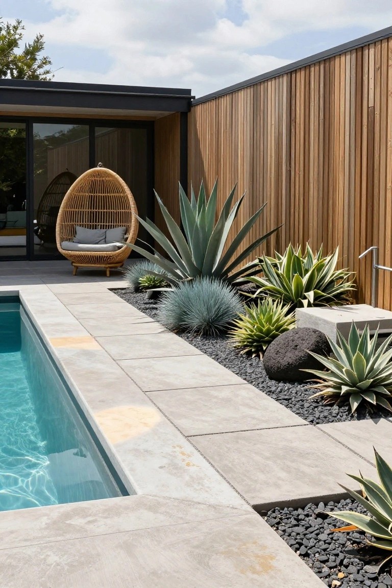 Pool edge with concrete paving, narrow planting bed of agaves, blue grasses, and black gravel mulch, wooden fence backdrop, and hanging rattan chair nearby.