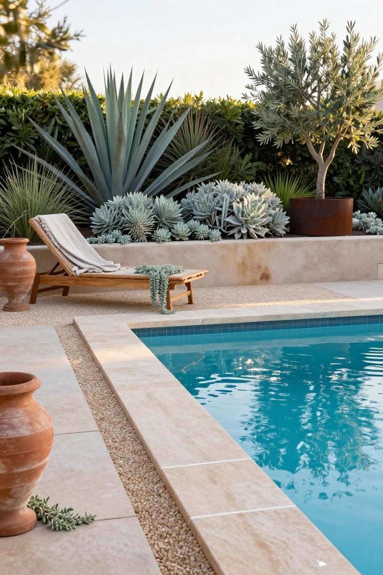 Pool with beige stone coping and pebble borders, flanked by raised beds of blue agave and other succulents against a stucco wall, wooden lounger with towel nearby, terracotta pots, and olive tree in background.