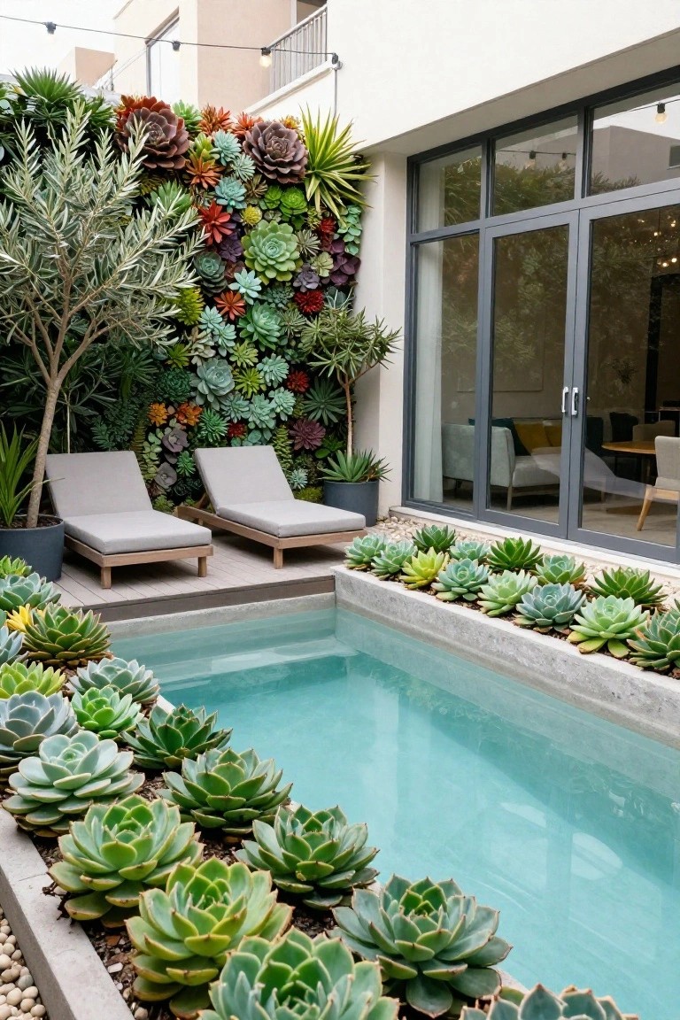 Small rectangular pool with turquoise water bordered by rows of green and variegated succulents in concrete edging, two beige lounge chairs on a wooden deck nearby, vertical succulent wall and glass doors on the adjacent white house wall.