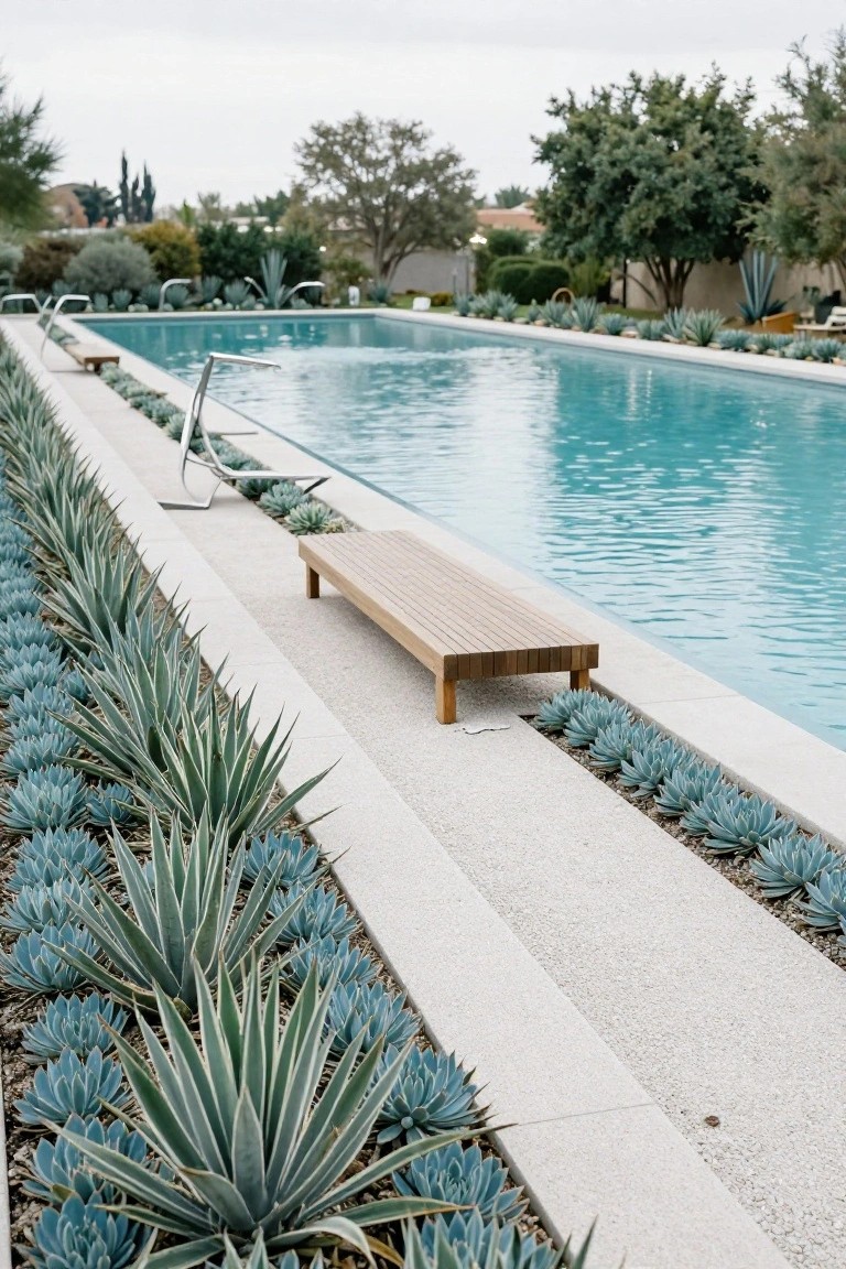 A rectangular swimming pool bordered on both sides by rows of blue agave succulents, with a wooden bench on one side and white pebble paths.