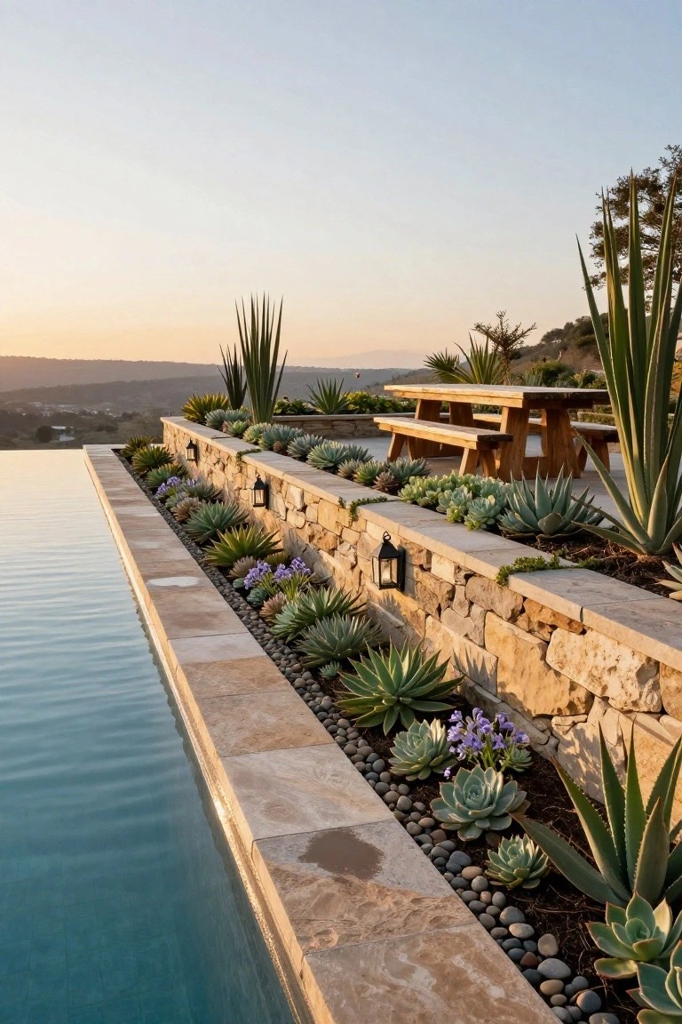 Infinity pool with travertine edge and stone retaining wall planted densely with succulents including agaves, aloes, and echeverias, gravel mulch, wall lanterns, nearby wooden picnic table and benches, sunset hillside view.