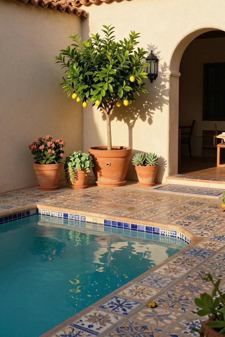 Small turquoise pool on a blue and terracotta tiled patio surrounded by terracotta pots with succulents, geraniums, a lemon tree, and other plants, next to a stucco wall with an arched doorway.